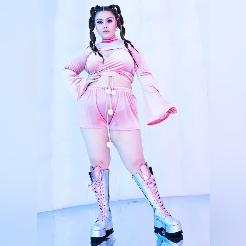 Dolls Kill  (BLACK) Rave Bunny Velvet Wrap Top/ matching Turtleneck crop top